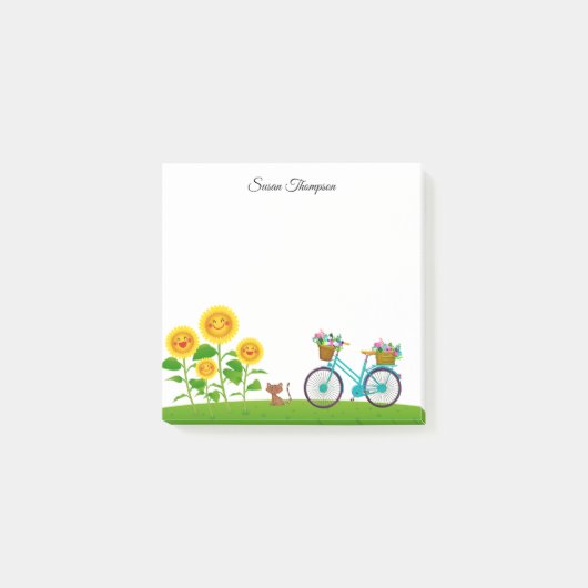Post-it® Cute Chat Et Vélo Avec Panier De Fleurs (Devant)