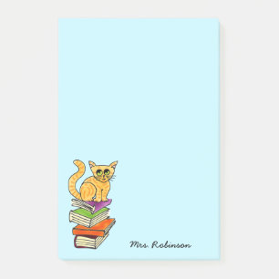 Post-it® Cute Chat sur Pile de Livre Nom de l'enseignant Aq