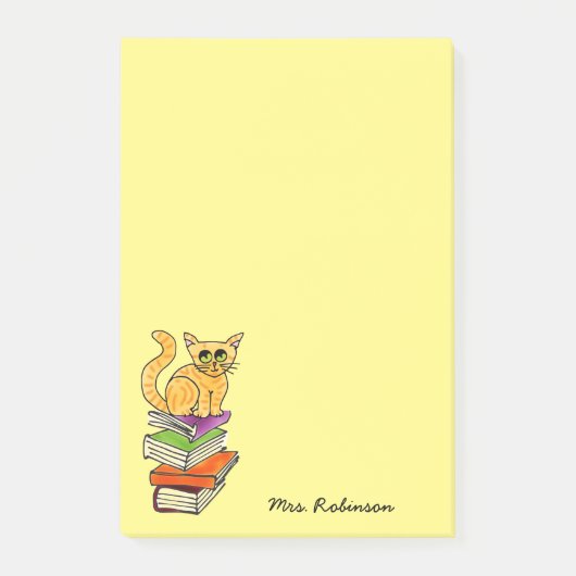 Post-it® Cute Chat sur Pile de Livre Nom de l'enseignant Ja (Devant)