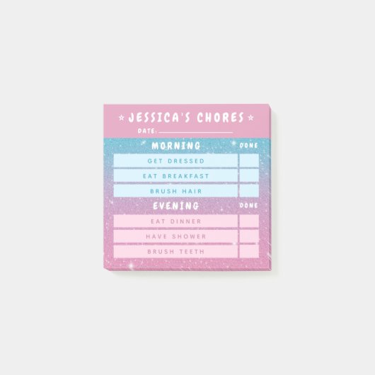 Post-it® Cute Girly Pink Blue Glitter Kids Daily Chores 3x3 (Devant)