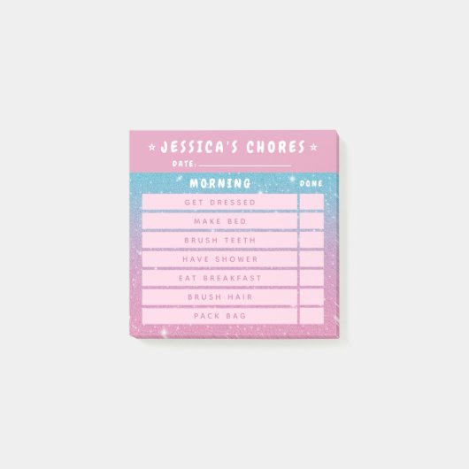 Post-it® Cute Girly Pink Glitter Kids Morning Chores 3x3 (Devant)