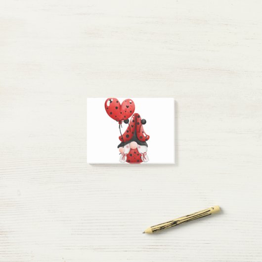 Post-it® Cute Gnome Ladybug With Heart Balloon (Sur un bureau)