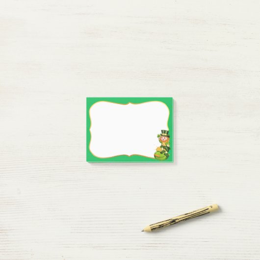 Post-it® Cute leprechaun & pot d'or sur vert (Sur un bureau)