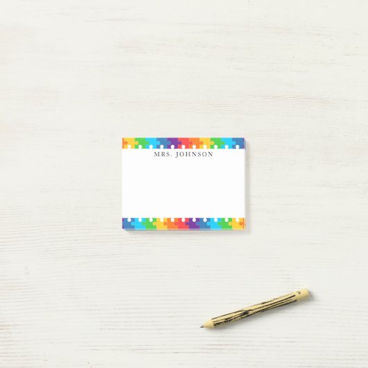 Post-it® Cute Rainbow Jigsaw Puzzle Pièces Enseignants Nom (Sur un bureau)