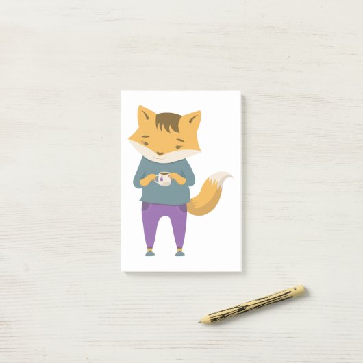 Post-it® Cute renard avec tasse de thé (Sur un bureau)