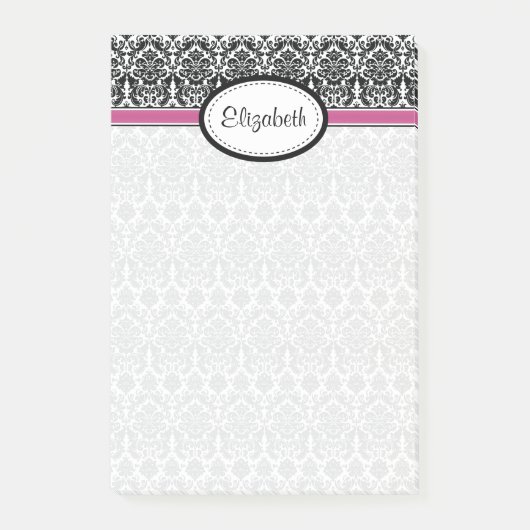 Post-it® Damask Floral Black White Pink Nom personnalisé (Devant)