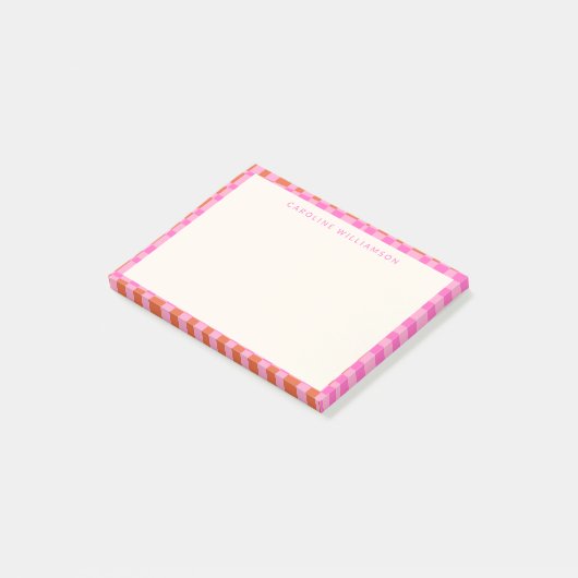 Post-it® Damier Abstrait Rose Orange Nom Personnalisé (Incliné)
