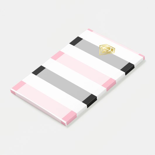 Post-it® Diamant Or & Pink & Black Stripes Monogramme (Incliné)
