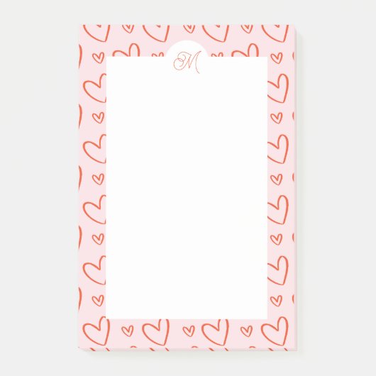 Post-it® Doodles de coeur en rose et rouge avec nom initial (Devant)