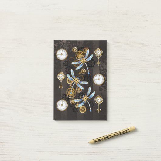 Post-it® Dragonflies de Steampunk sur arrière - plan rayé b (Sur un bureau)