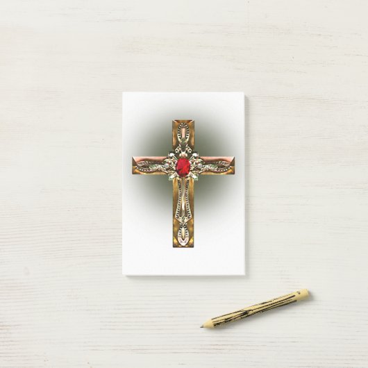 Post-it® Elegant Gold & Ruby Cross (Sur un bureau)