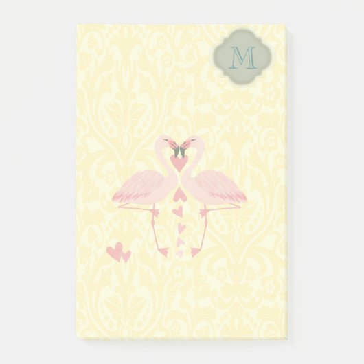 Post-it® Élégant moderne flamants mignons monogramme damas (Devant)