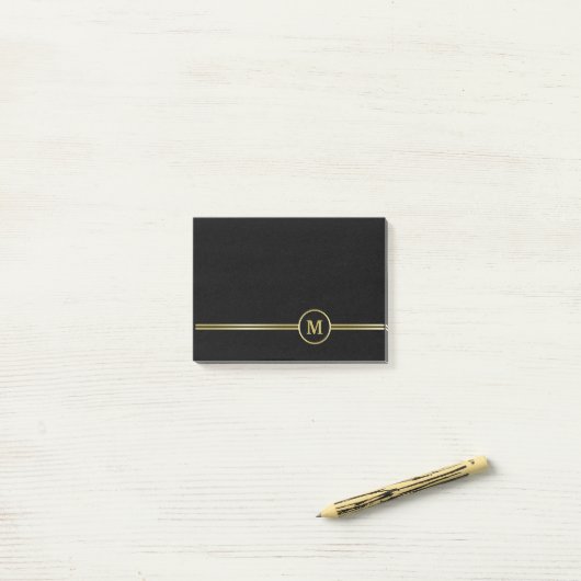 Post-it® Élégant or Monogramme personnalisé sur noir (Sur un bureau)