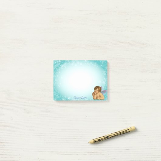 Post-it® Élégant Raphael Cherub sur dégradé bleu clair (Sur un bureau)