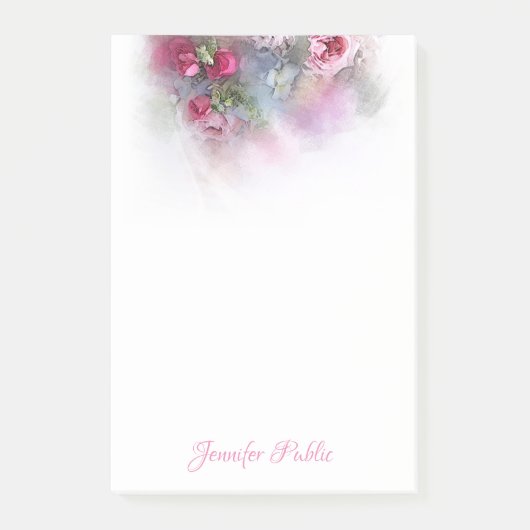 Post-it® Elégant Rose Aquarelle Fleurs à main Script (Devant)