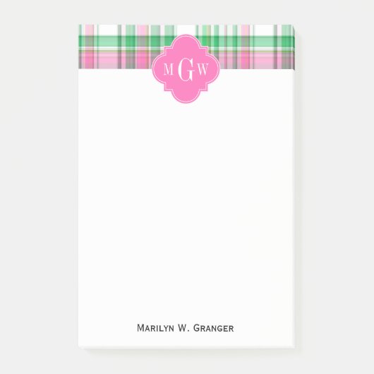Post-it® Emerald Green Hot Pink Wht Preppy Madras (Devant)