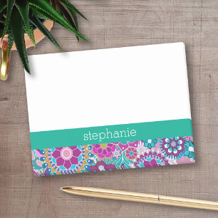 Post-it® Émeraude et motif floral rose - Ajouter votre nom