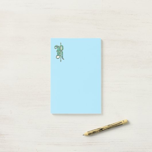 Post-it® Fancy R Monogram Green Mère de Pearl (Sur un bureau)