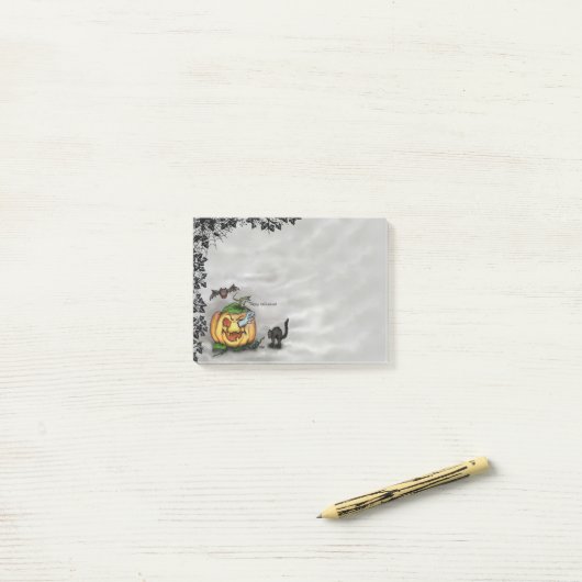 Post-it® Fantôme, Chat, Chat et Citrouille, Bonne Halloween (Sur un bureau)