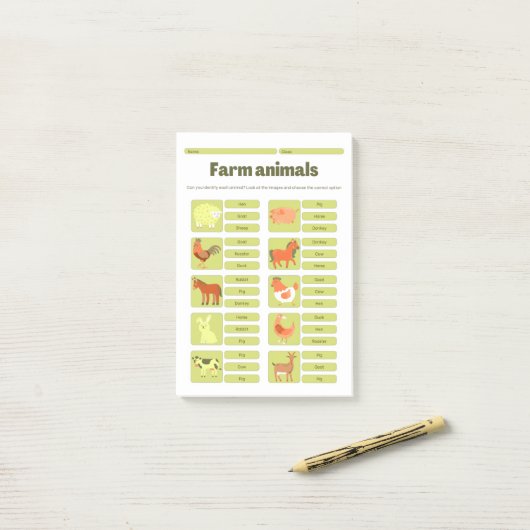 Post-it® Farm Animals Identification Educational Worksheet (Sur un bureau)