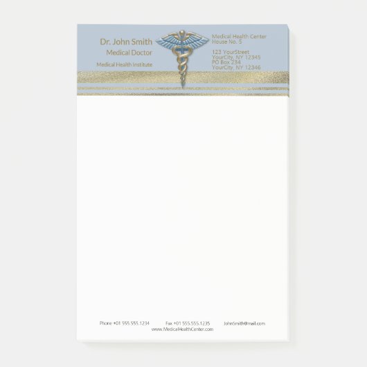 Post-it® Faux Gold Foil Stripes bleu clair Caduceus Médical (Devant)