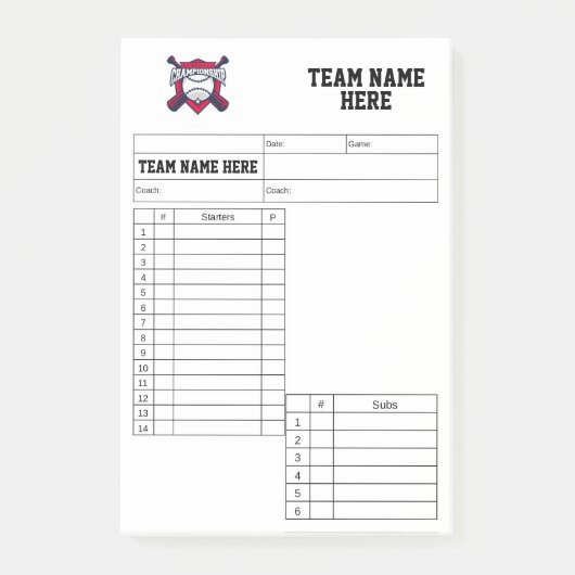Post-it® Feuilles de composition d'équipe de baseball (Devant)