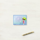 Post-it® Fille Avec Grenouille Parapluie & Fleurs Hydrangée (Sur un bureau)