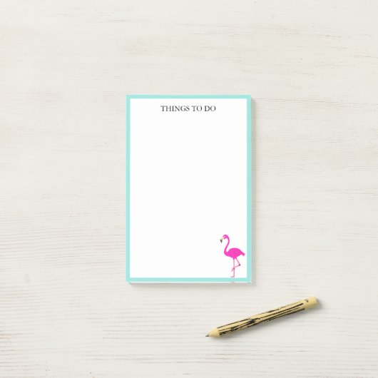 Post-it® Flamant rose et cadre Turquoise en blanc (Sur un bureau)