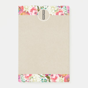 Post-it® Fleurs aquarelles colorées monogramme kraft initia