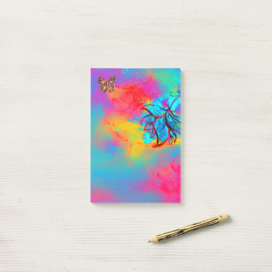 Post-it® FLEURS BLANCHES ET BOUTTERFLY Bleu Rose Jaune (Sur un bureau)