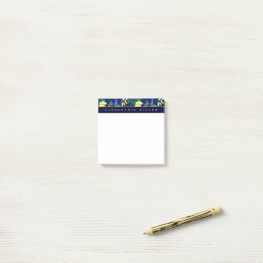 Post-it® Fleurs bleues et jaunes élégantes avec nom (Sur un bureau)