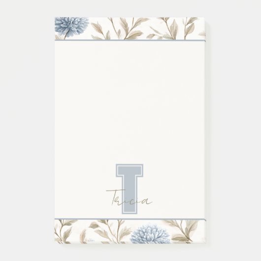 Post-it® Fleurs Brunes Bleues Crème Monogramme Initial Nom (Devant)
