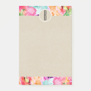 Post-it® Fleurs d'aquarelle brillante Monogramme Kraft init
