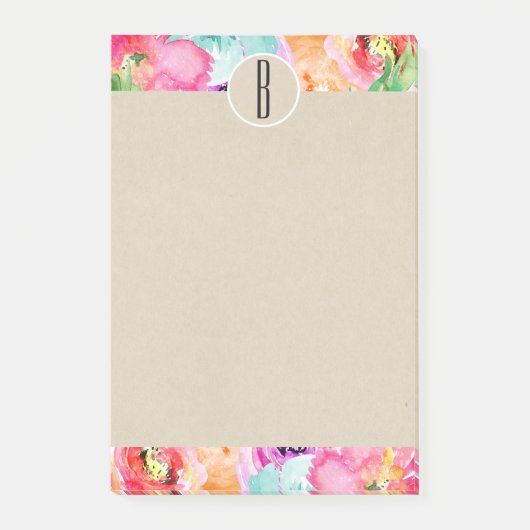 Post-it® Fleurs d'aquarelle brillante Monogramme Kraft init (Devant)