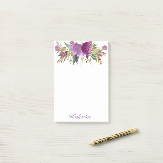 Post-it® Fleurs d'aquarelle violette et or (Sur un bureau)