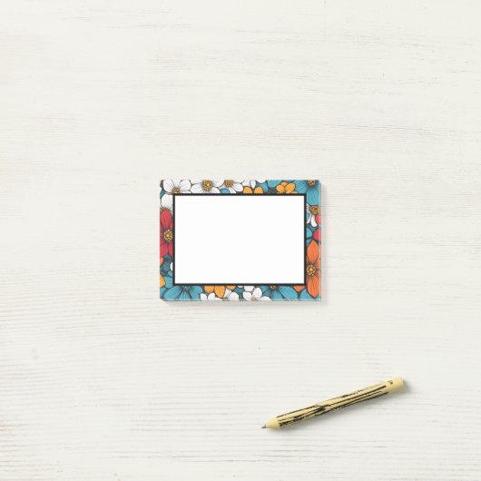 Post-it® Fleurs d'art bleu orange et blanc pop (Sur un bureau)