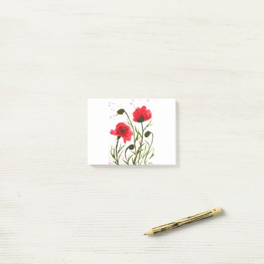 Post-it® Fleurs de pavot rouge aquarelle rustique chic (Sur un bureau)