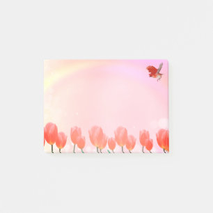 Post-it® Fleurs de tulipe rose corail & oiseau cardinal sur