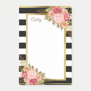 Post-it® Fleurs personnalisées noir blanc rayé rose or