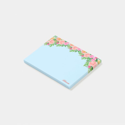Post-it® Fleurs roses & calligraphie sur bleu clair (Incliné)