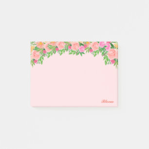 Post-it® Fleurs roses & calligraphie sur fond rose clair