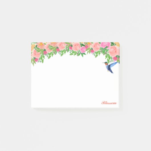 Post-it® Fleurs roses, colibris & calligraphie sur blanc (Devant)