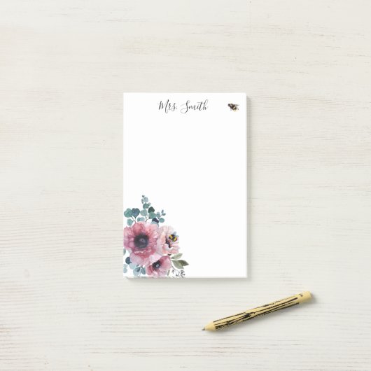 Post-it® Fleurs roses et abeilles (Sur un bureau)