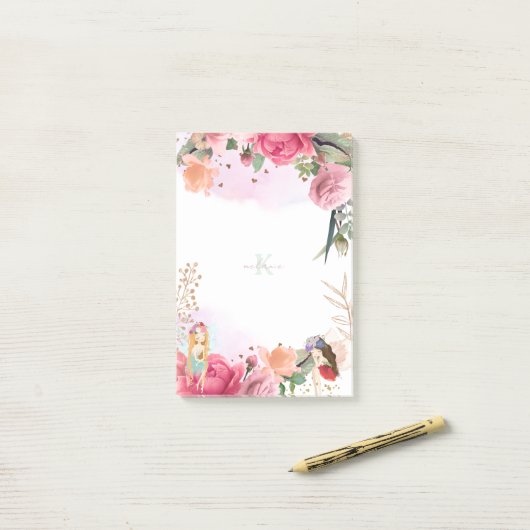 Post-it® Fleurs Roses Et Fées Filles (Sur un bureau)