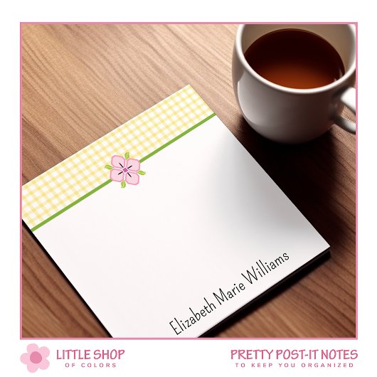 Post-it® Floral rose En vichy jaune Personnalisé