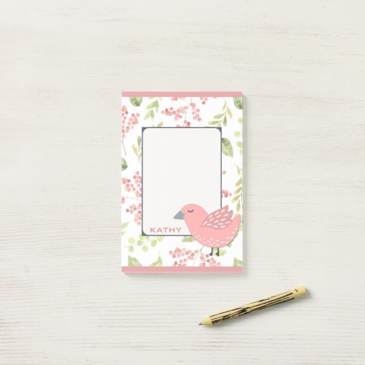 Post-it® Flore d'oiseaux roses mignonnes (Sur un bureau)