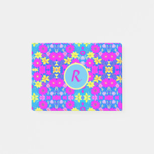 Post-it® Fond à motif de fleurs rose bleu jaune ajouter nom