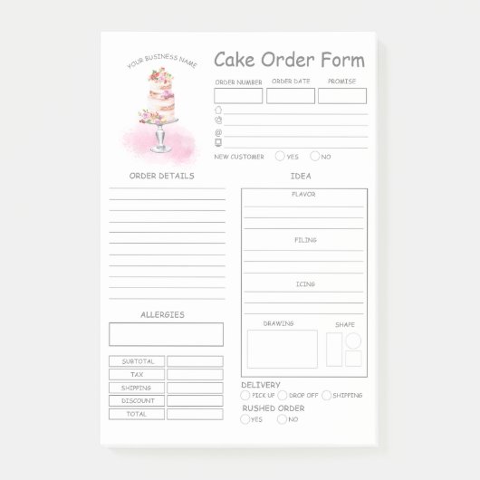 Post-it® Formulaire de commande de gâteau de boulangerie pe (Devant)