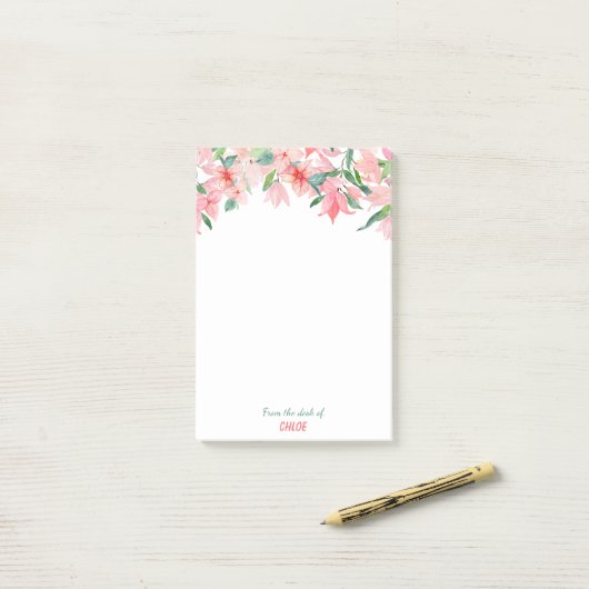 Post-it® Frontière florale verte rose (Sur un bureau)