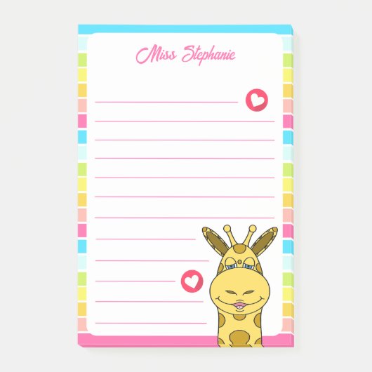 Post-it® Giraffe Arc-En-Ciel Avec Coeurs Nom De L'Enseignan (Devant)
